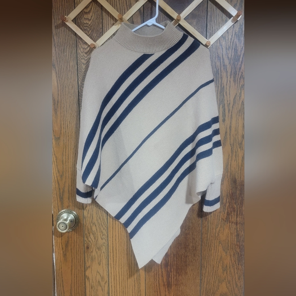 Striped Poncho with Navy Accents